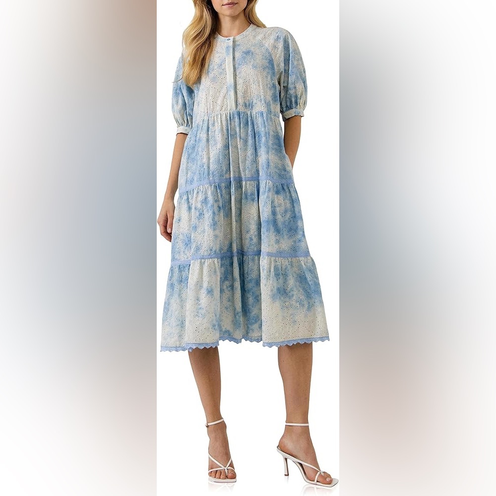 Free the Roses | Paisely Eyelet Midi Dress with Tie-dye Effect Blue